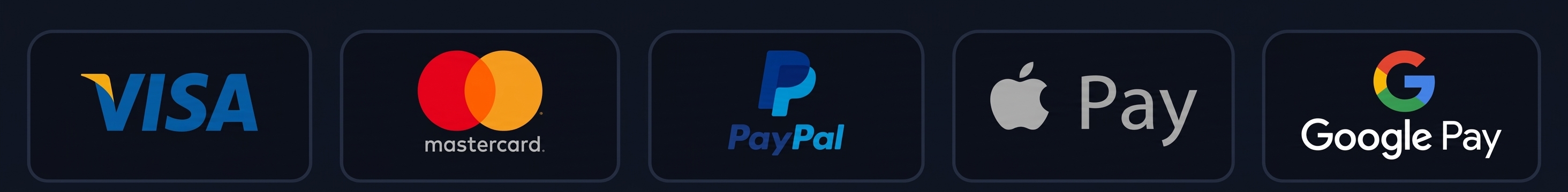 Aceitamos Visa, Mastercard, PayPal, Apple Pay e Google Pay